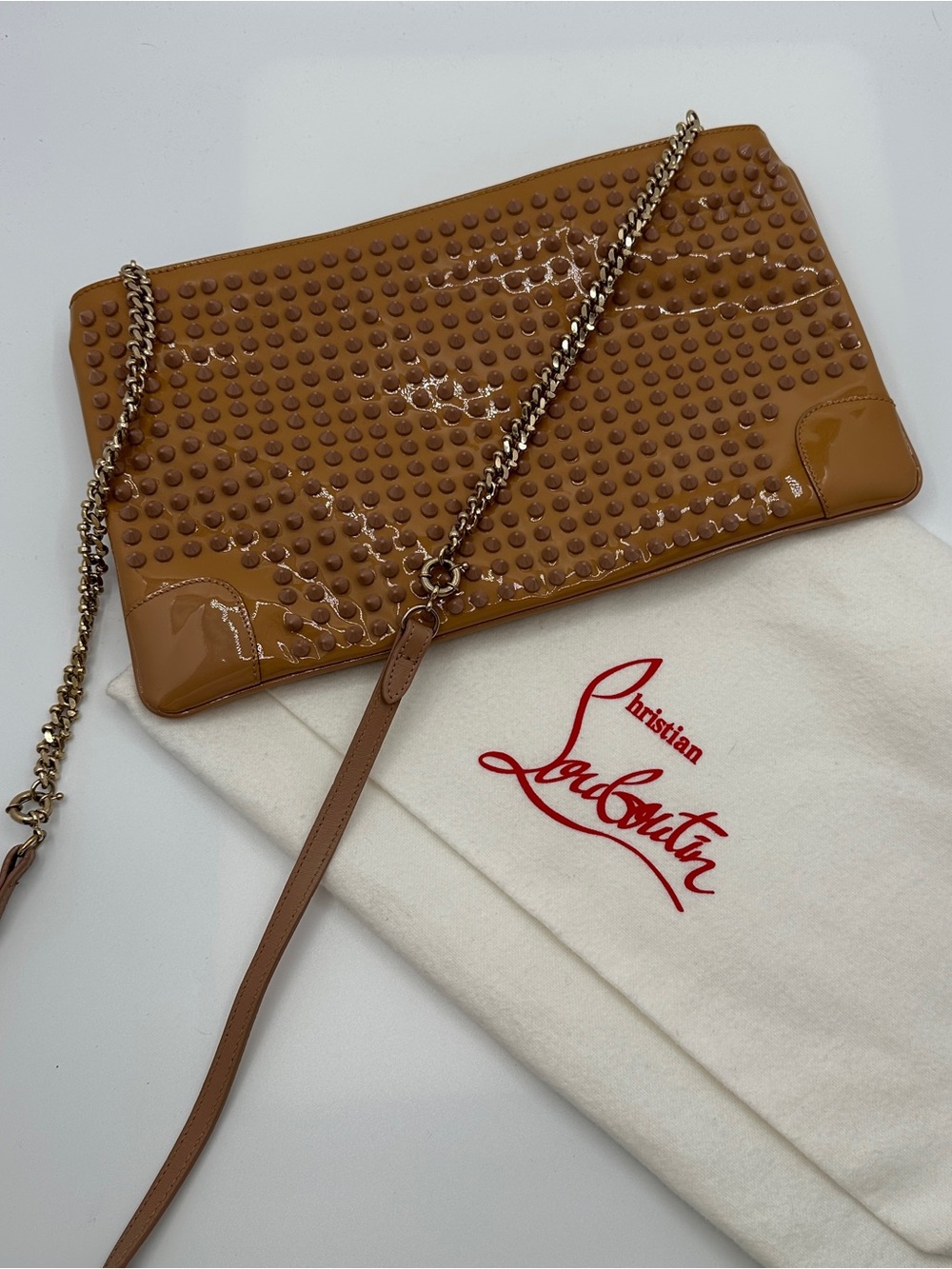 Christian Louboutin Tan Patent Leather Studded Crossbody Bag
